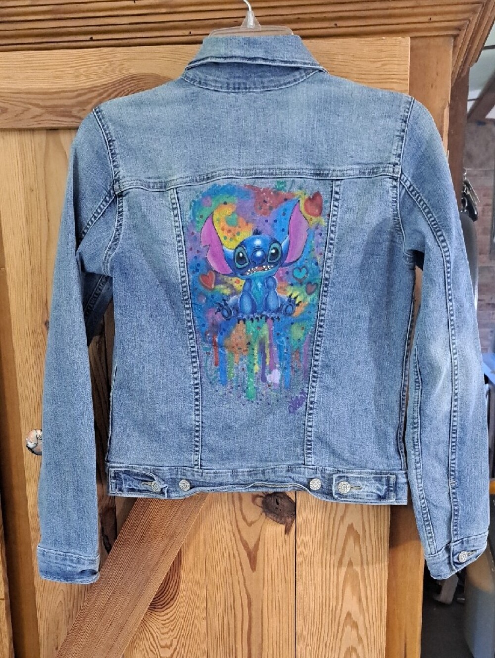 Hand Painted Denim Jacket with Colorful Panel Accents Cartoon - Picture 5 of 12